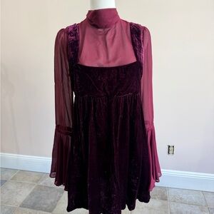 Free People Burgundy Velvet Babydoll Mini Dress